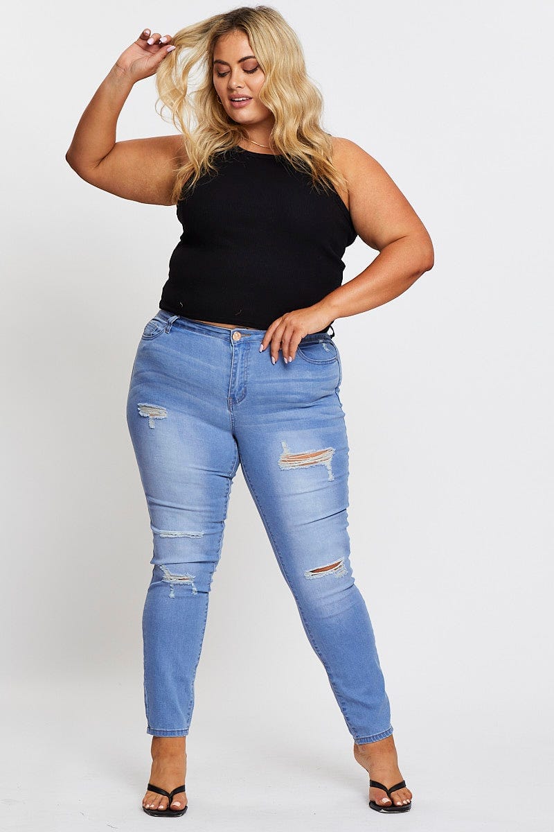Blue Denim Jean Mid Rise Ripped Skinny - Image 3