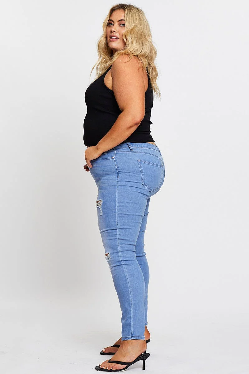 Blue Denim Jean Mid Rise Ripped Skinny - Image 4