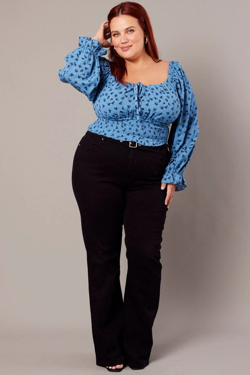 Blue Ditsy Crop Top Long Sleeve Shirred Waist - Image 2