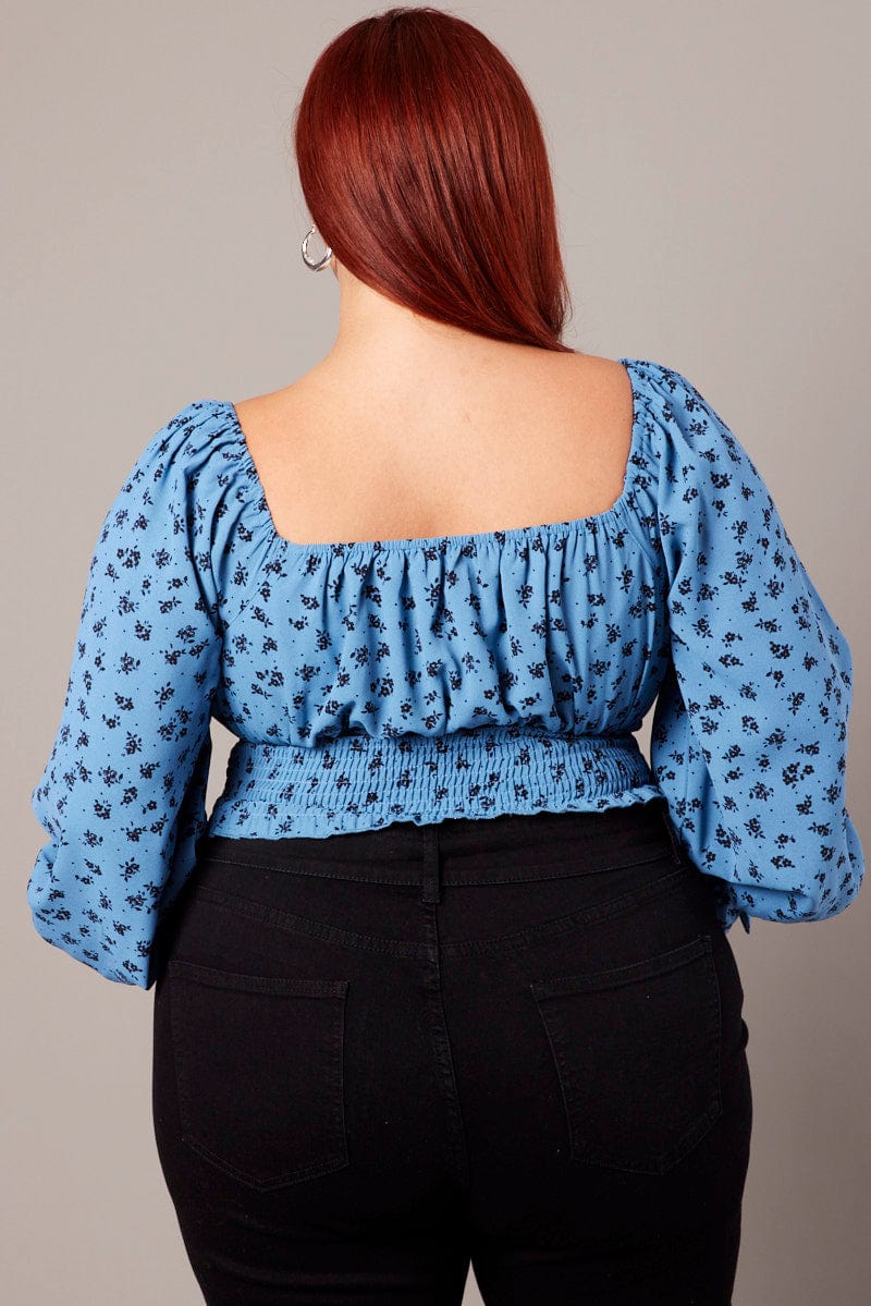 Blue Ditsy Crop Top Long Sleeve Shirred Waist - Image 5