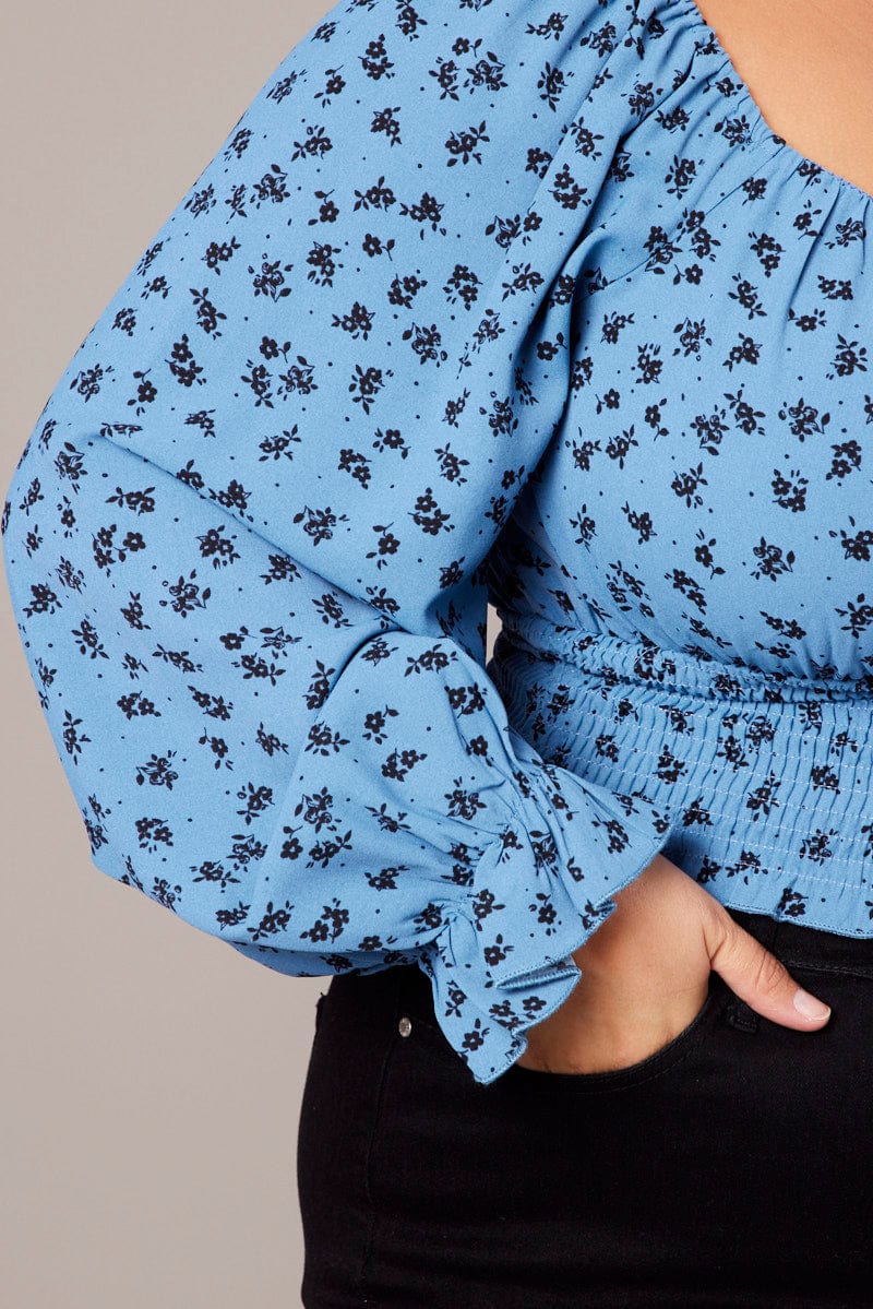 Blue Ditsy Crop Top Long Sleeve Shirred Waist - Image 6
