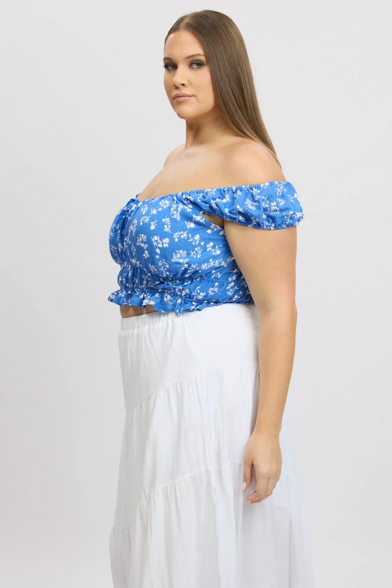 Blue Ditsy Crop Top Short Sleeve Ruched Bust - Image 4