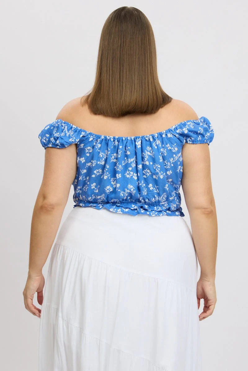 Blue Ditsy Crop Top Short Sleeve Ruched Bust - Image 5