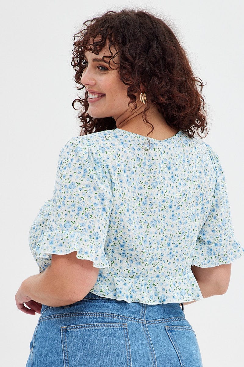 Blue Ditsy Crop Top Short Sleeve Ruched Front - Image 5