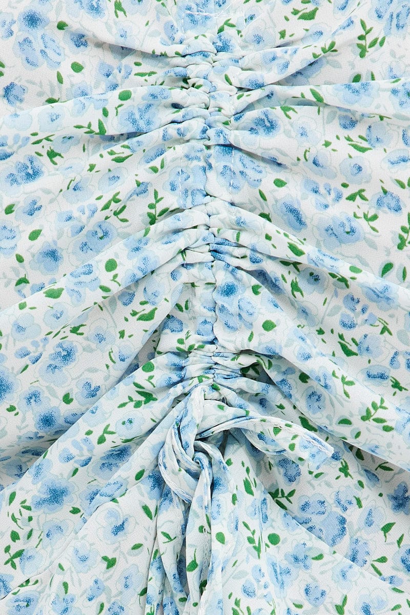 Blue Ditsy Crop Top Short Sleeve Ruched Front - Image 6