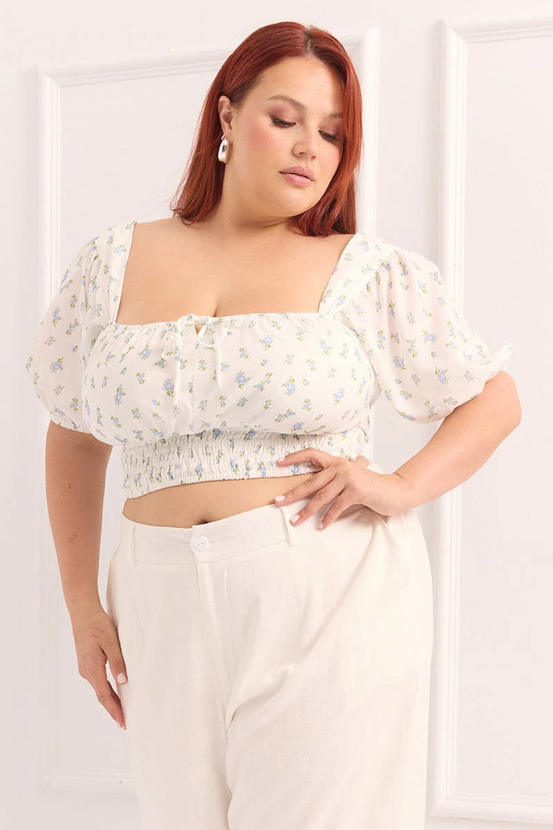 Blue Ditsy Crop Top Short Sleeve Square Neck