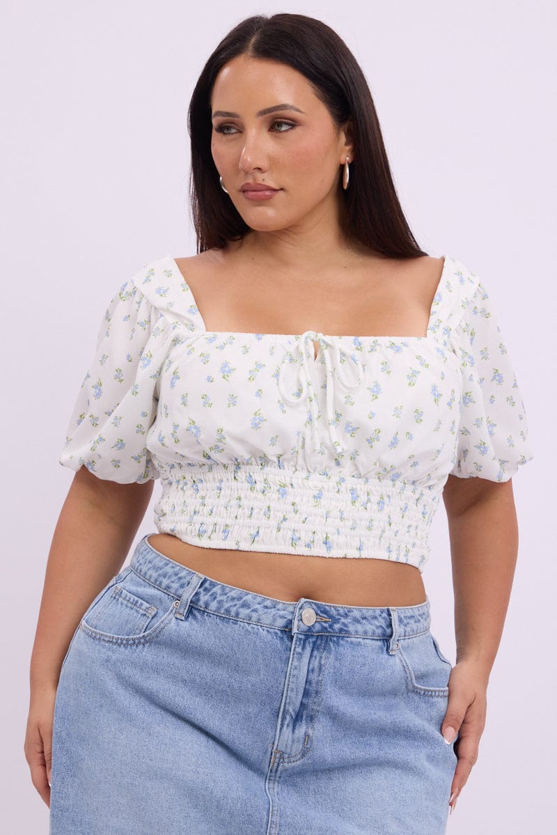Blue Ditsy Crop Top Short Sleeve Square Neck - Image 3