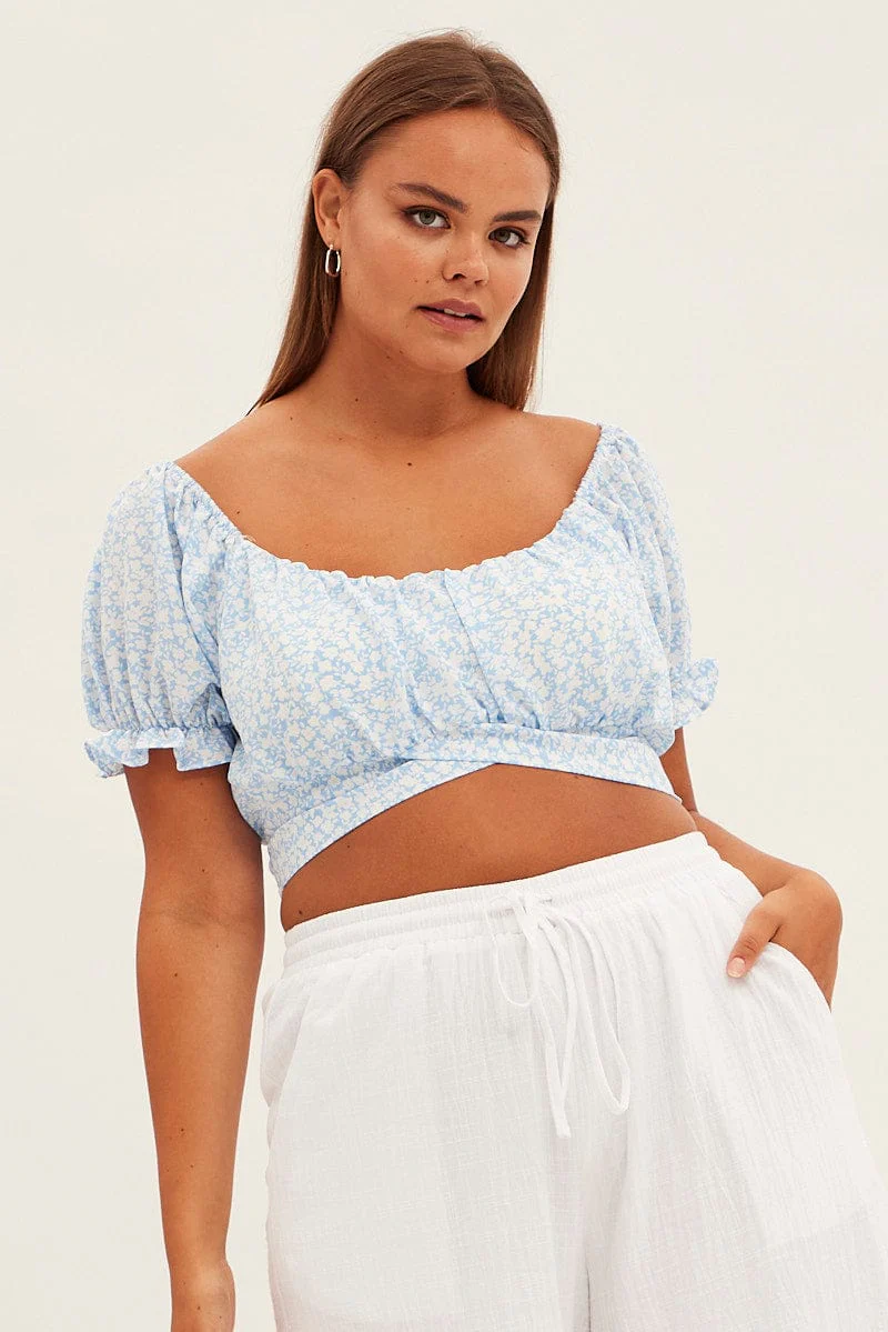 Blue Ditsy Crop Top Short Sleeve Tie Back - Image 3