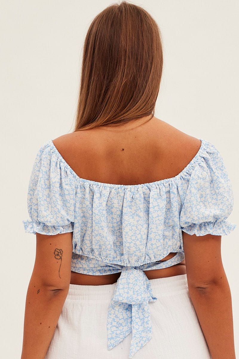 Blue Ditsy Crop Top Short Sleeve Tie Back - Image 5