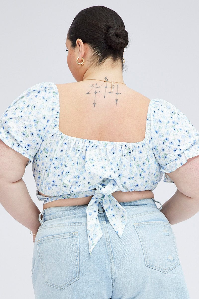 Blue Ditsy Crop Top Short Sleeve Tie Back - Image 4