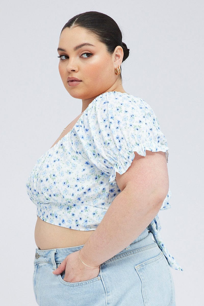 Blue Ditsy Crop Top Short Sleeve Tie Back - Image 5