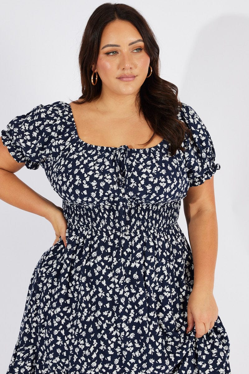 Blue Ditsy Fit And Flare Dress Short Sleeve - Image 2