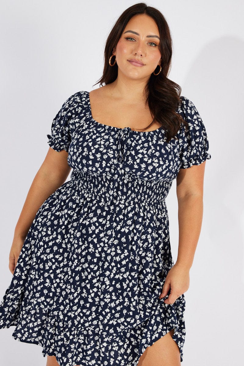 Blue Ditsy Fit And Flare Dress Short Sleeve - Image 3