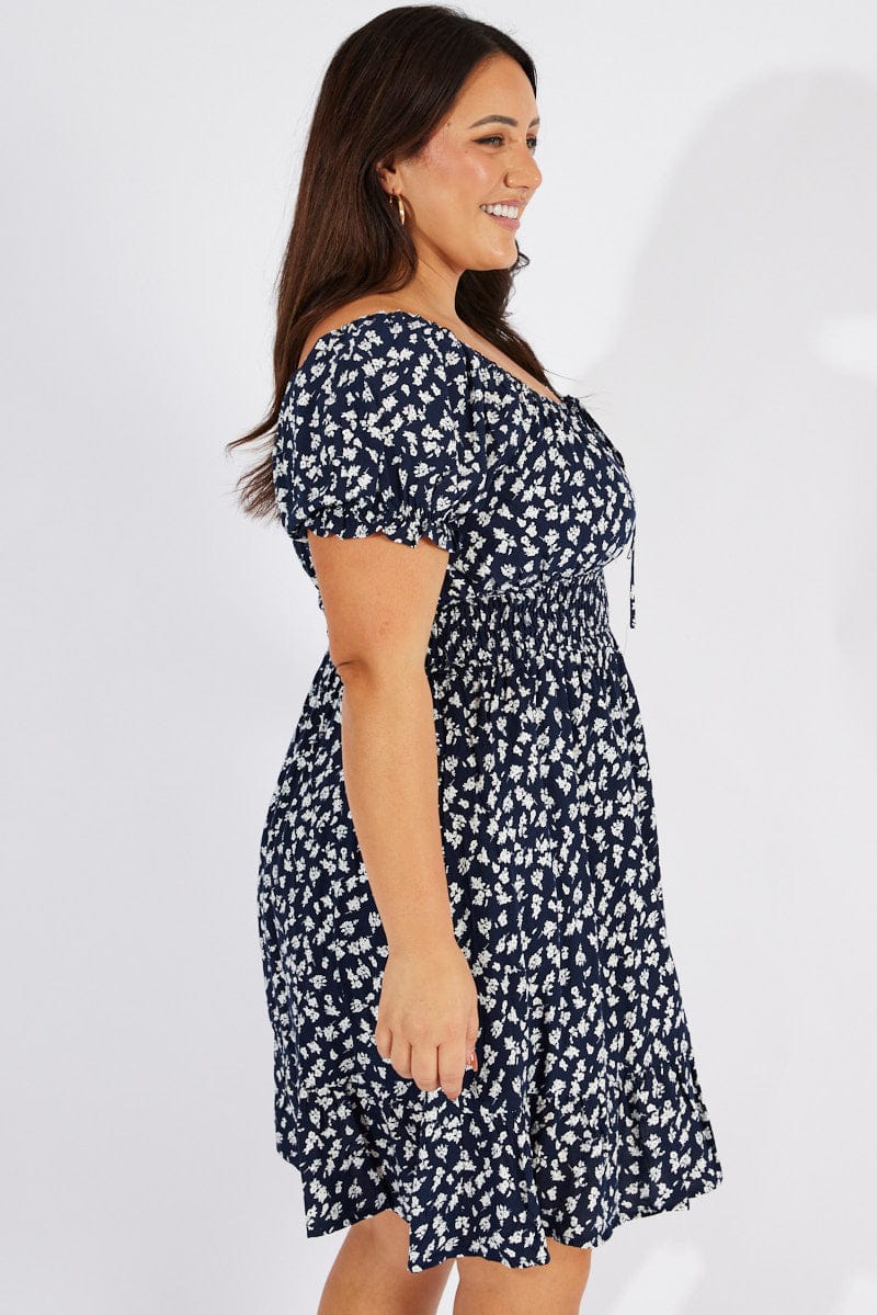 Blue Ditsy Fit And Flare Dress Short Sleeve - Image 4