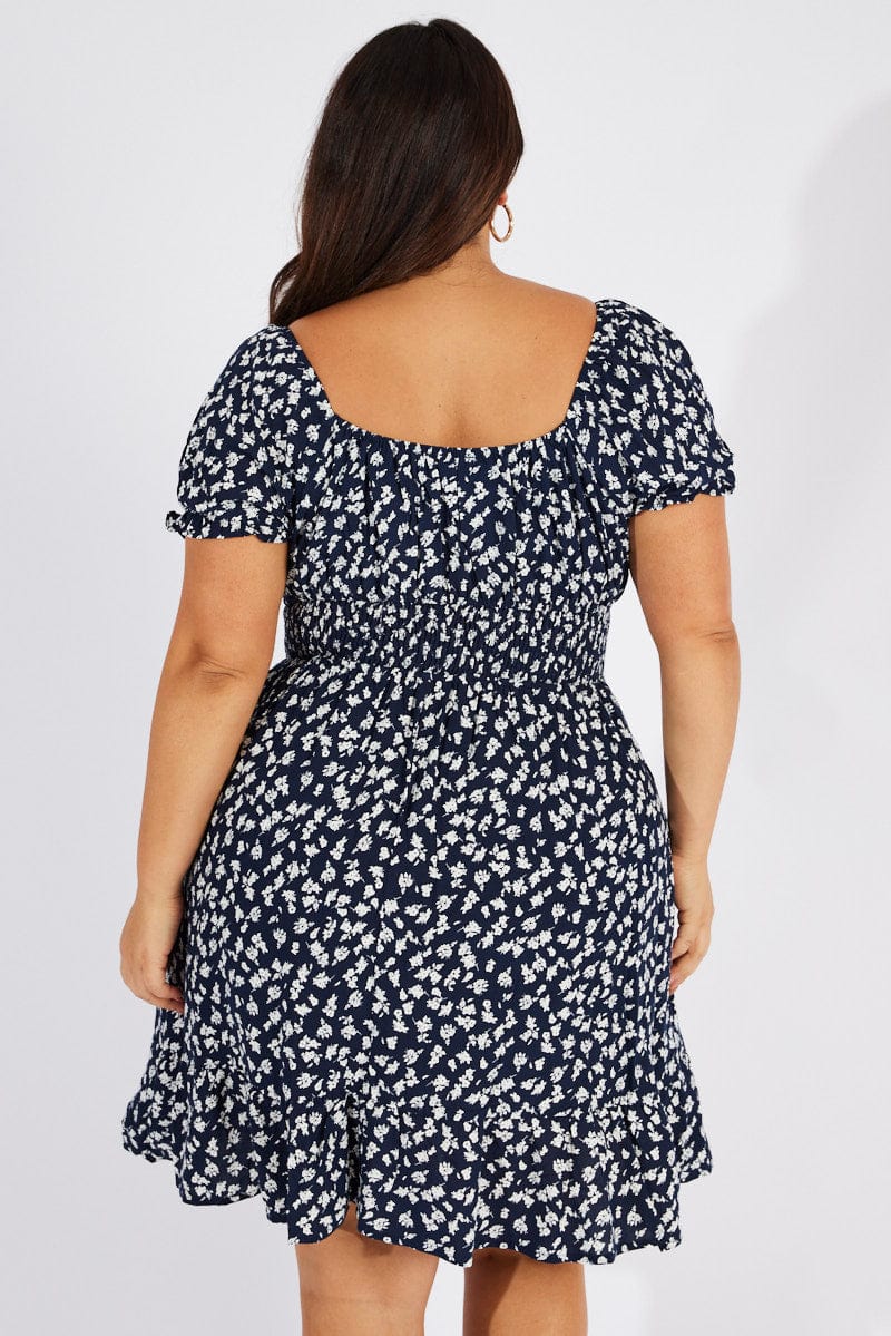 Blue Ditsy Fit And Flare Dress Short Sleeve - Image 5