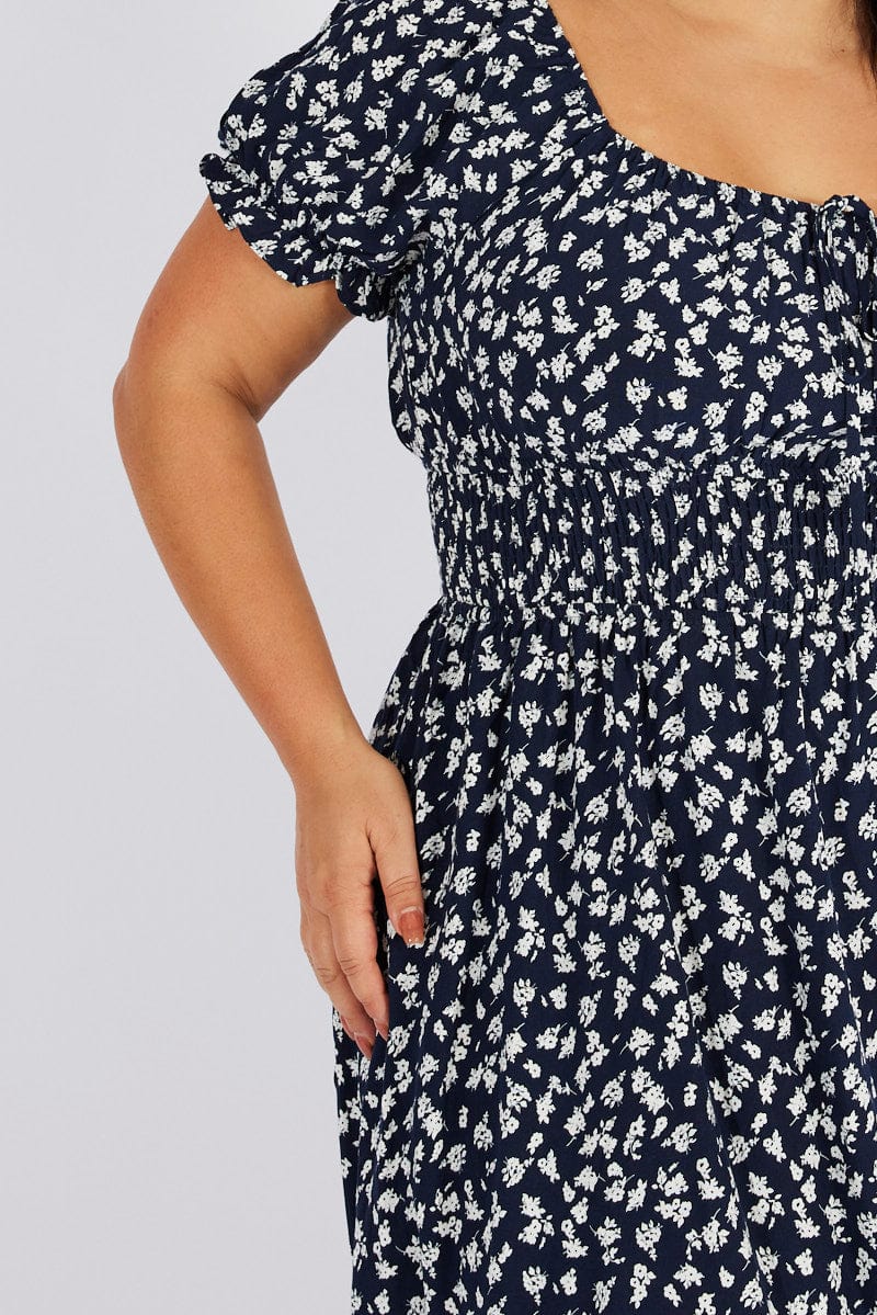 Blue Ditsy Fit And Flare Dress Short Sleeve - Image 6