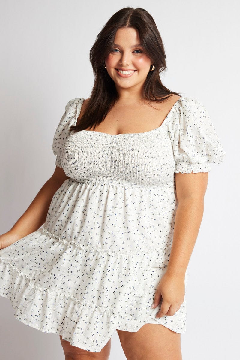 Blue Ditsy Fit And Flare Dress Short Sleeve Shirred - Image 2