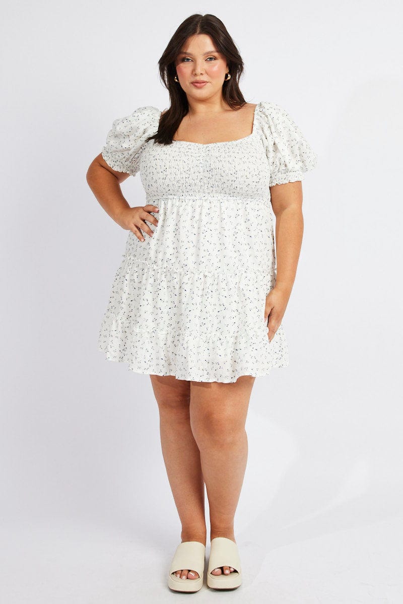 Blue Ditsy Fit And Flare Dress Short Sleeve Shirred - Image 3