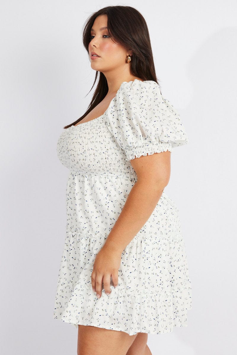 Blue Ditsy Fit And Flare Dress Short Sleeve Shirred - Image 4