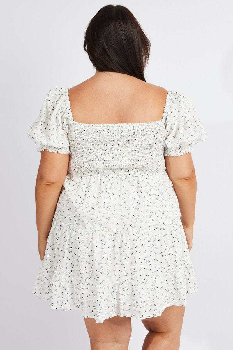 Blue Ditsy Fit And Flare Dress Short Sleeve Shirred - Image 5