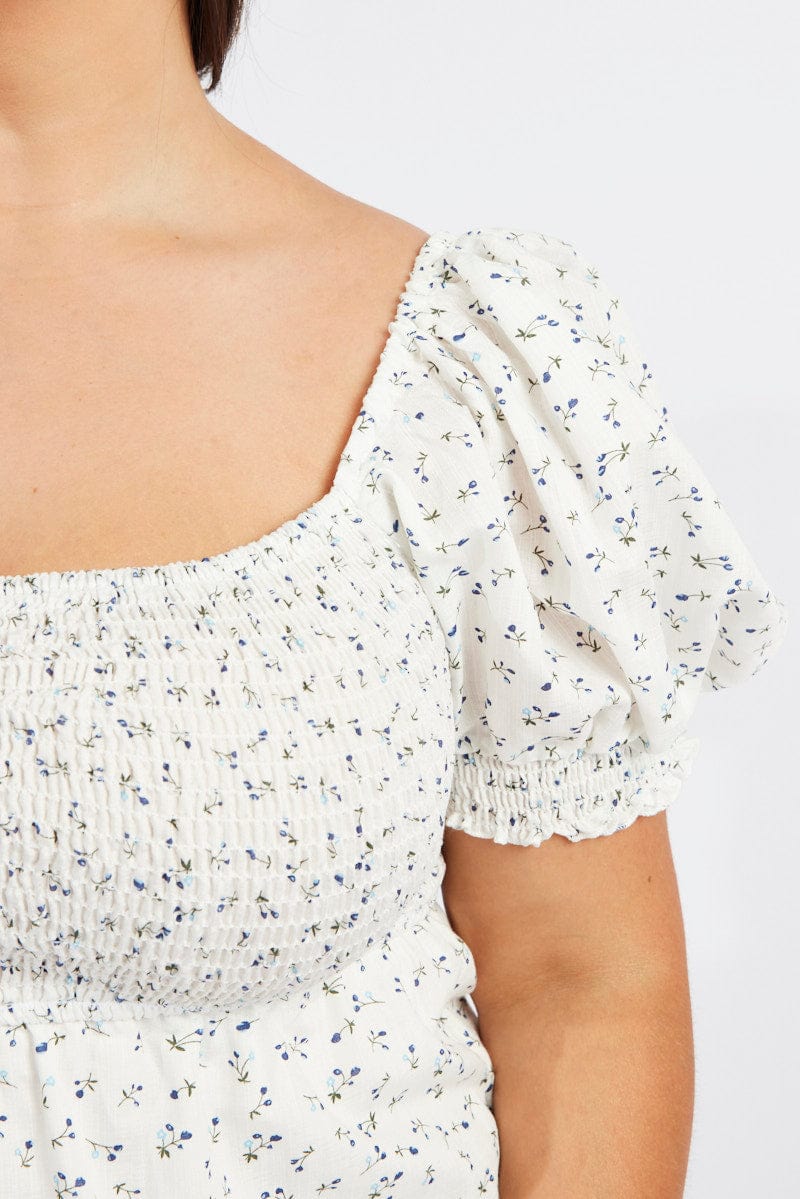 Blue Ditsy Fit And Flare Dress Short Sleeve Shirred - Image 6