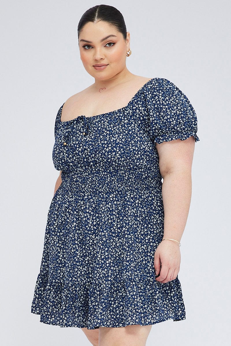 Blue Ditsy Fit And Flare Dress Short Sleeve Shirred Waist - Image 3