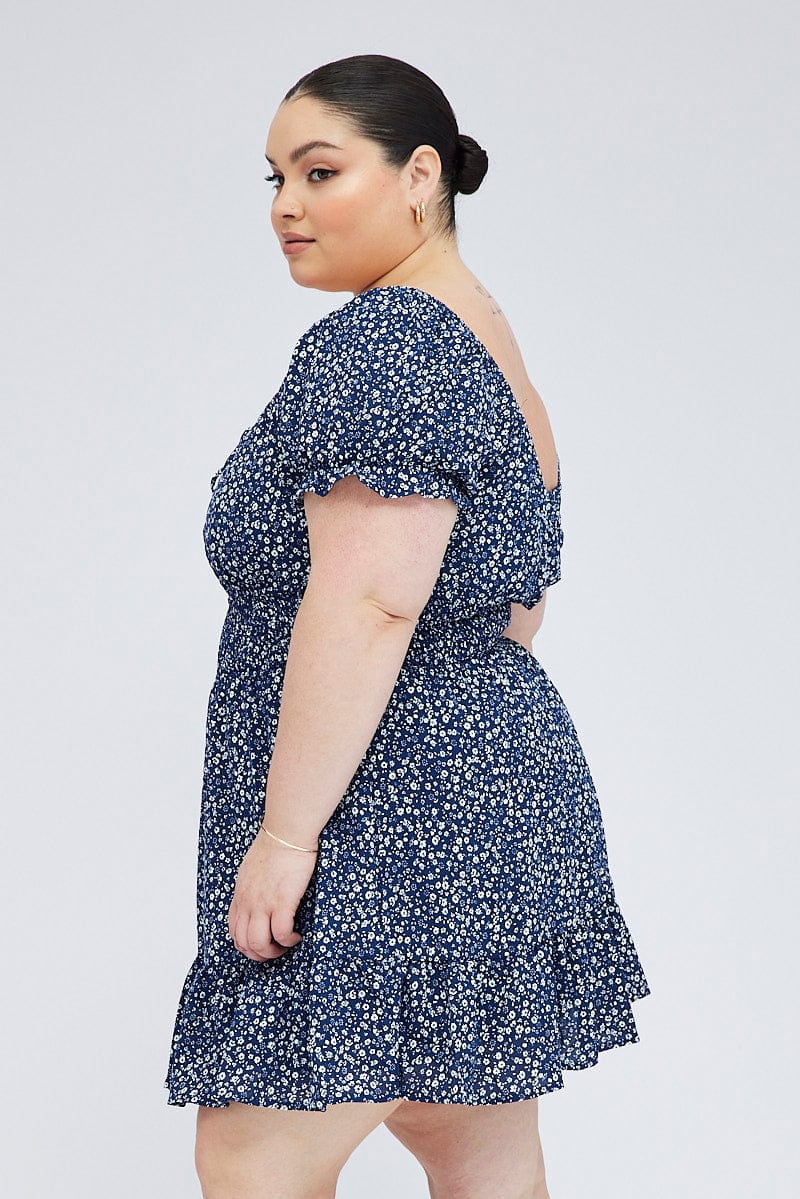 Blue Ditsy Fit And Flare Dress Short Sleeve Shirred Waist - Image 4
