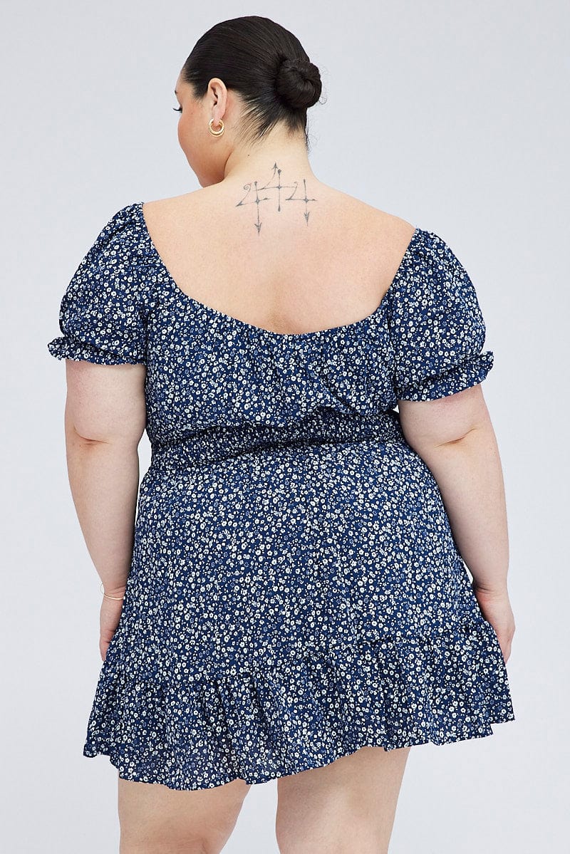 Blue Ditsy Fit And Flare Dress Short Sleeve Shirred Waist - Image 5