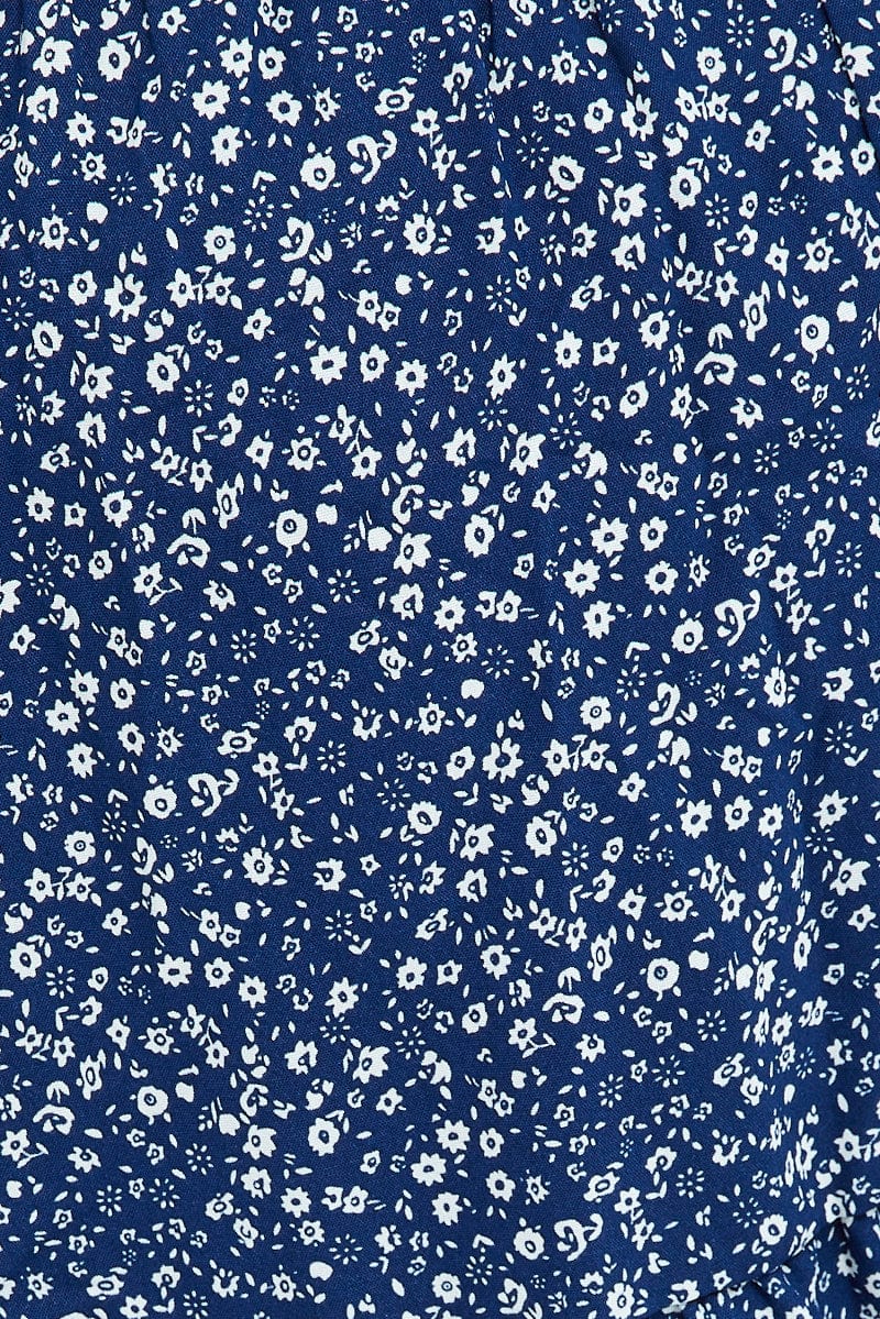 Blue Ditsy Fit And Flare Dress Short Sleeve Shirred Waist - Image 6