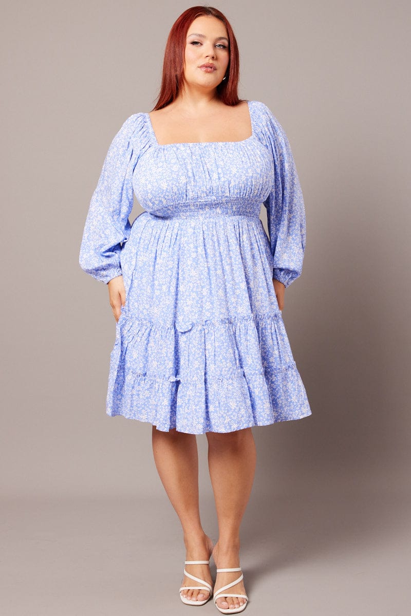 Blue Ditsy Long Sleeve Shirred Waist Minidress - Image 2