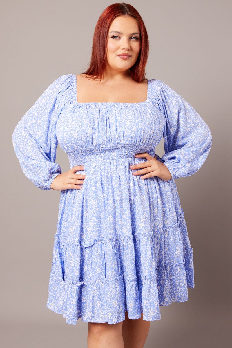 Blue Ditsy Long Sleeve Shirred Waist Minidress - Image 3