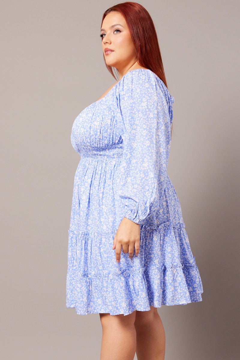 Blue Ditsy Long Sleeve Shirred Waist Minidress - Image 4