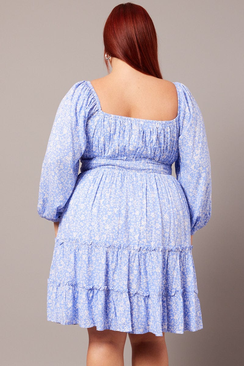 Blue Ditsy Long Sleeve Shirred Waist Minidress - Image 5