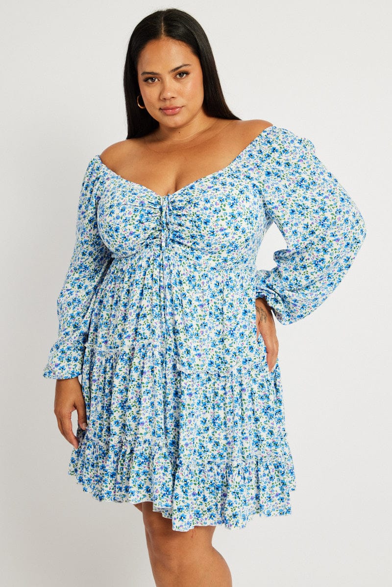 Blue Ditsy Long Sleeve Tie Front Ditsy Dress - Image 2