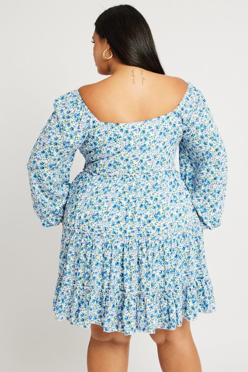 Blue Ditsy Long Sleeve Tie Front Ditsy Dress - Image 5