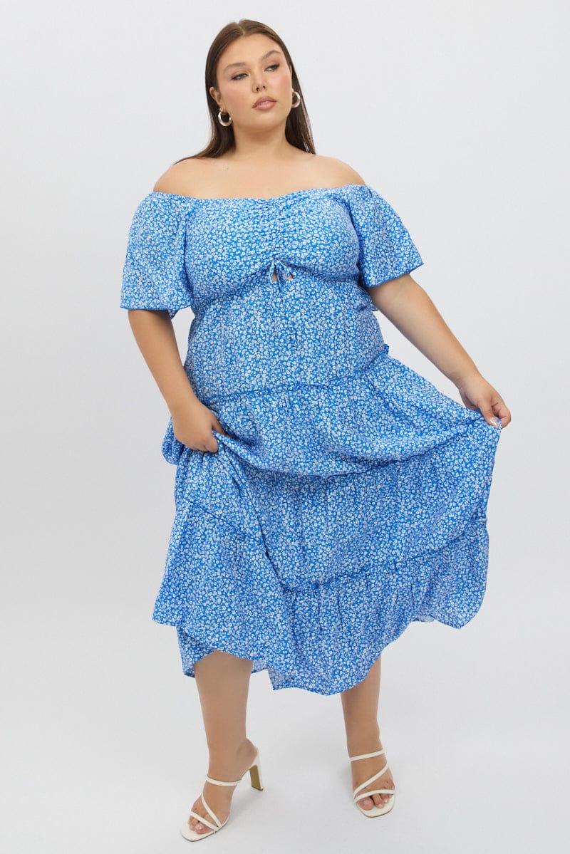Blue Ditsy Maxi Dress Short Sleeve Ruched Bust Tiered - Image 2