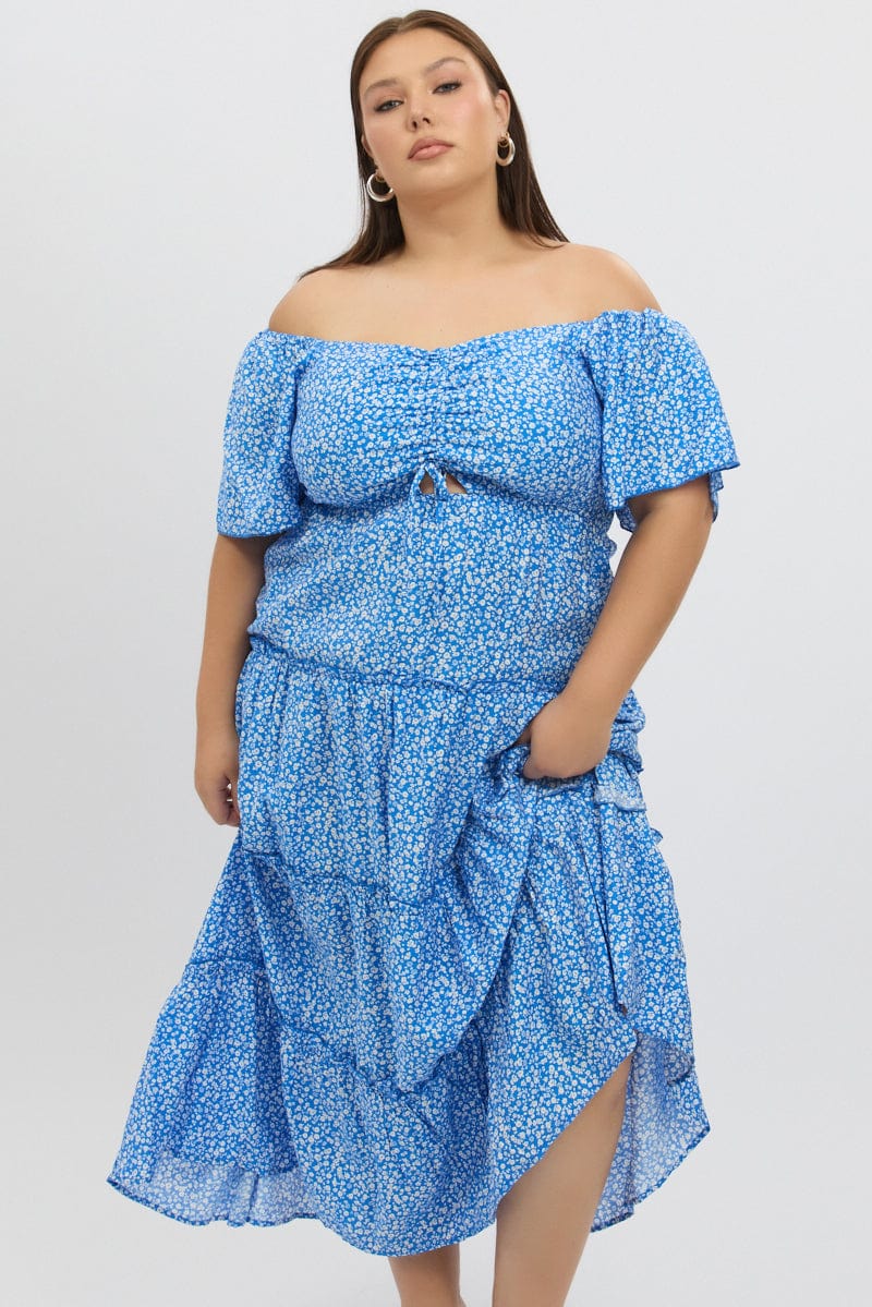 Blue Ditsy Maxi Dress Short Sleeve Ruched Bust Tiered - Image 3