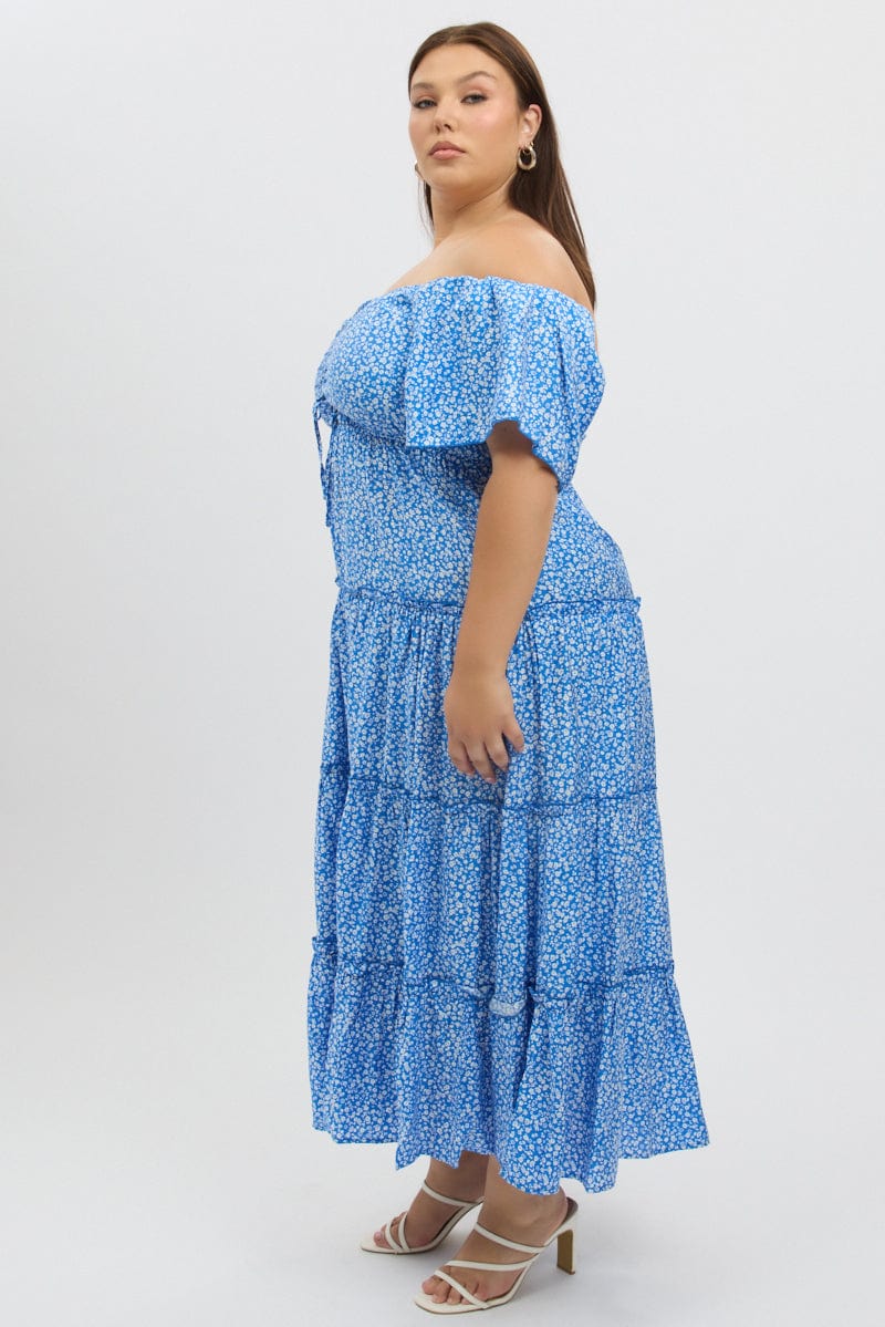 Blue Ditsy Maxi Dress Short Sleeve Ruched Bust Tiered - Image 4