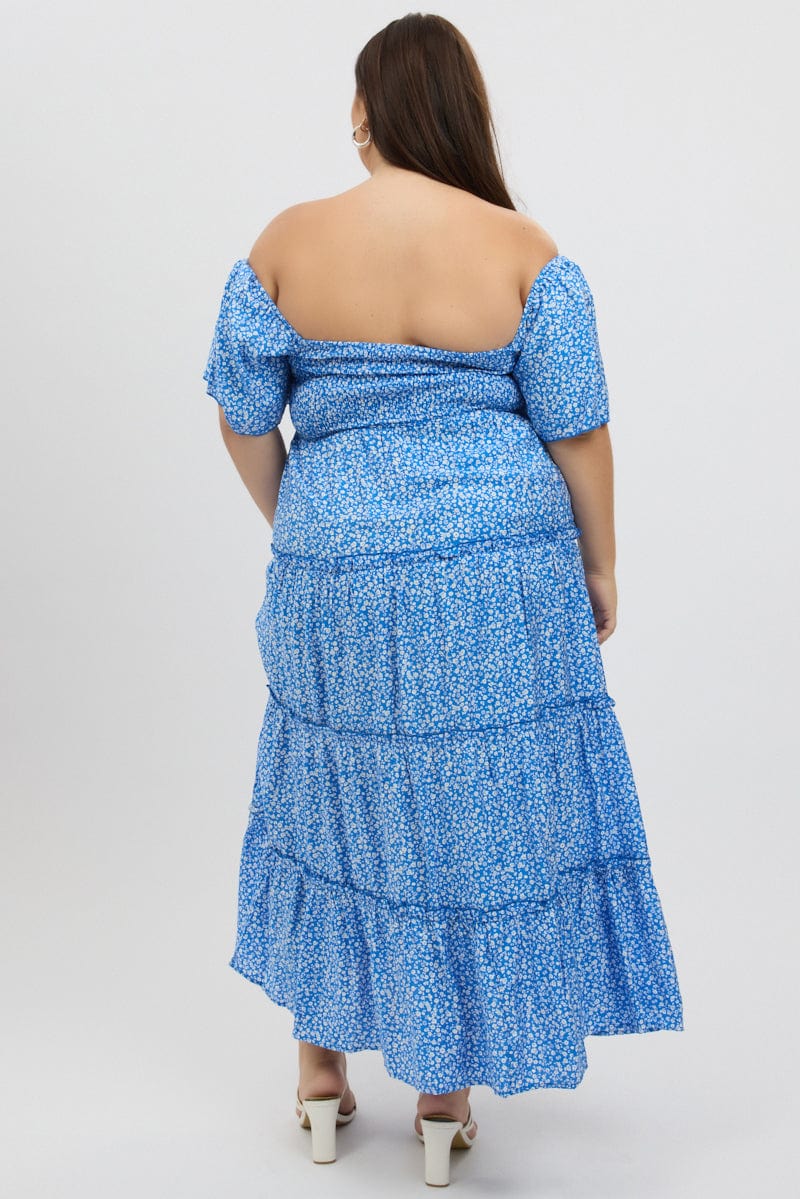 Blue Ditsy Maxi Dress Short Sleeve Ruched Bust Tiered - Image 5