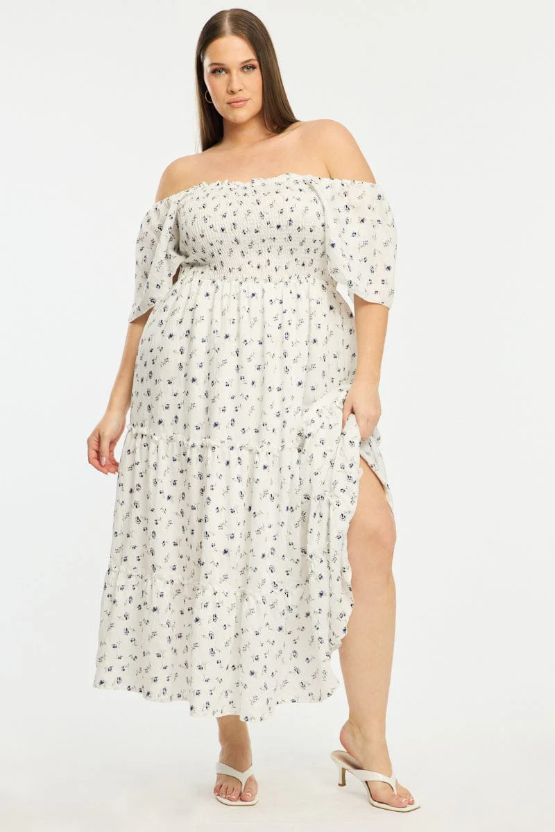 Blue Ditsy Maxi Dress Short Sleeve Shirred Body Tiered