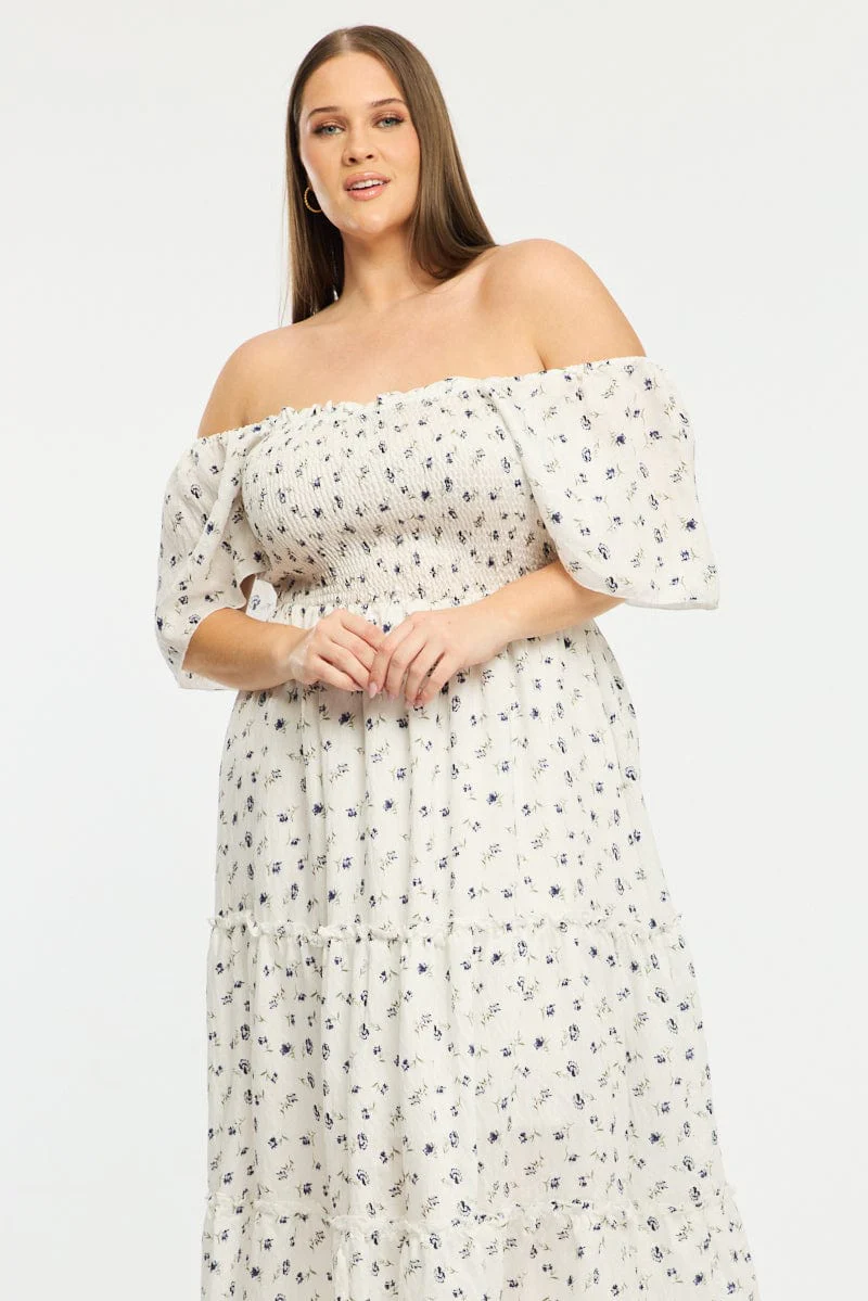 Blue Ditsy Maxi Dress Short Sleeve Shirred Body Tiered - Image 2