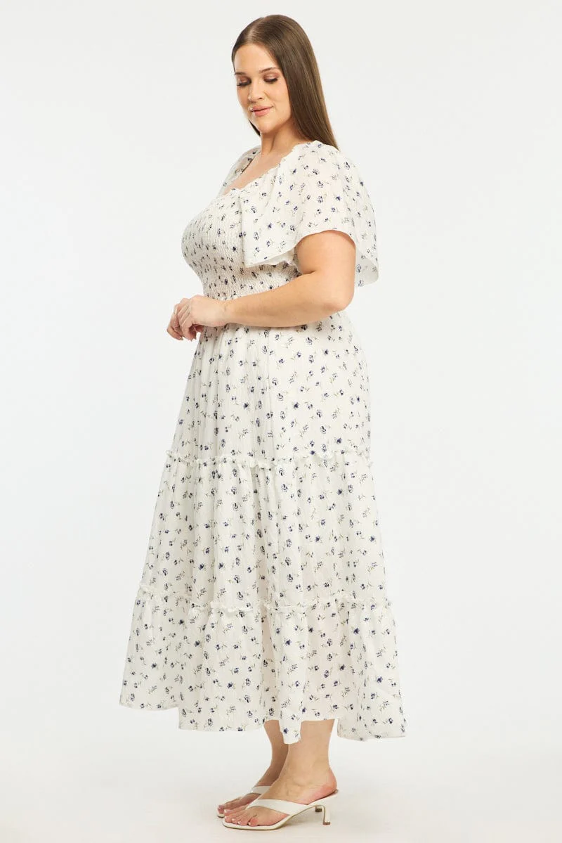 Blue Ditsy Maxi Dress Short Sleeve Shirred Body Tiered - Image 3