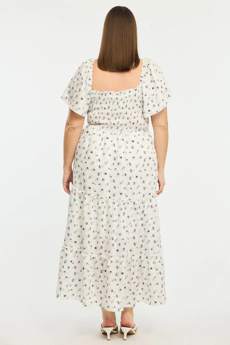 Blue Ditsy Maxi Dress Short Sleeve Shirred Body Tiered - Image 4