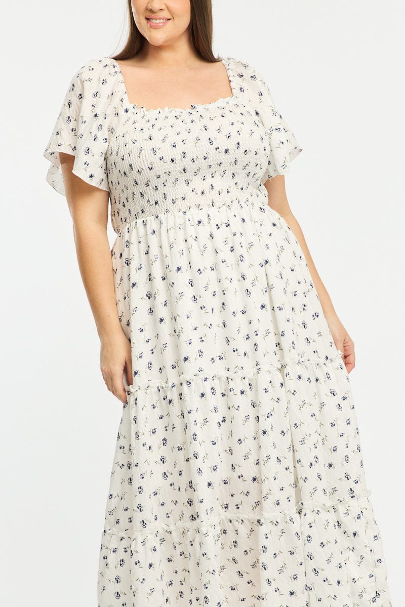 Blue Ditsy Maxi Dress Short Sleeve Shirred Body Tiered - Image 5