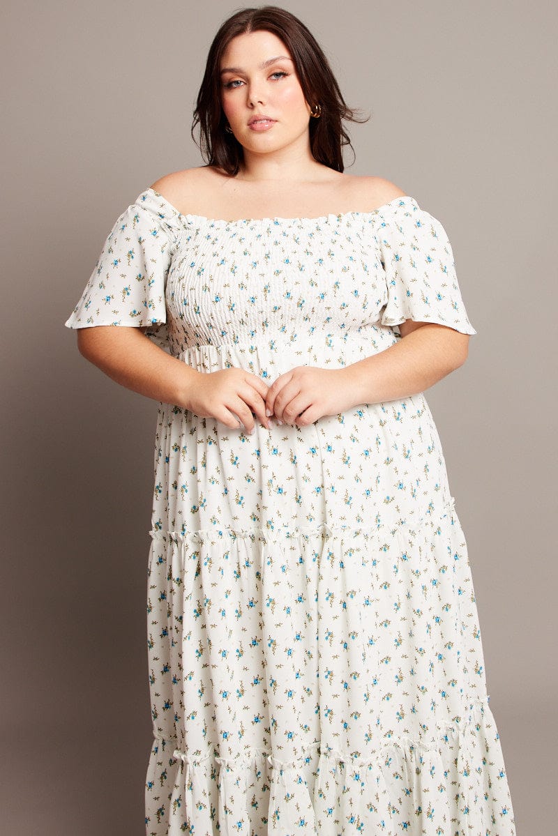 Blue Ditsy Maxi Dress Short Sleeve Shirred - Image 3