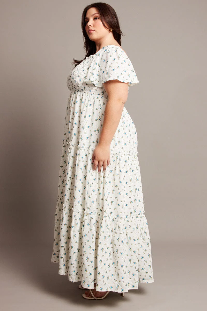 Blue Ditsy Maxi Dress Short Sleeve Shirred - Image 4