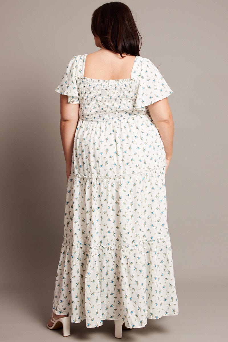 Blue Ditsy Maxi Dress Short Sleeve Shirred - Image 5