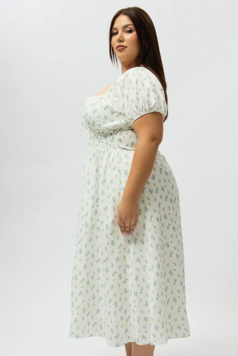 Blue Ditsy Midi Dress Short Sleeve Ruched Bust - Image 4