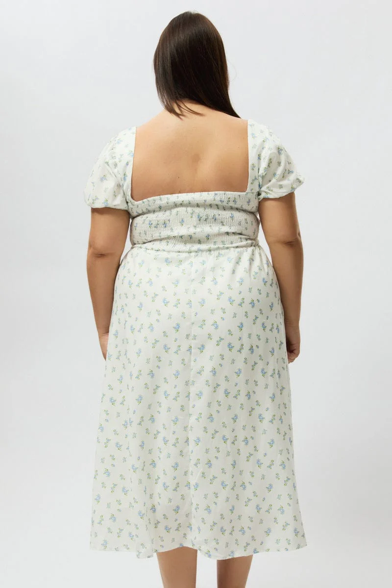 Blue Ditsy Midi Dress Short Sleeve Ruched Bust - Image 5