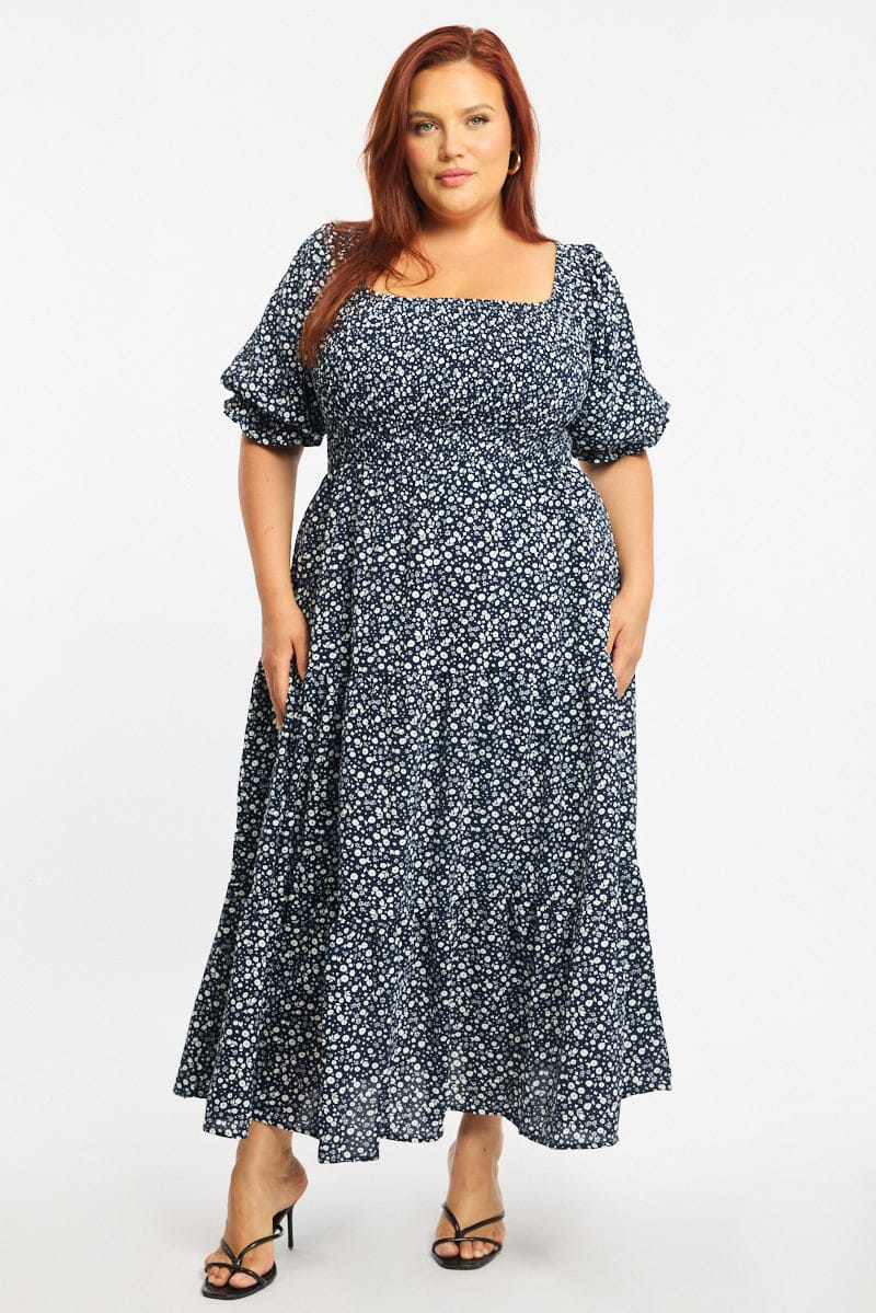 Blue Ditsy Midi Dress Short Sleeve Shirred Bust